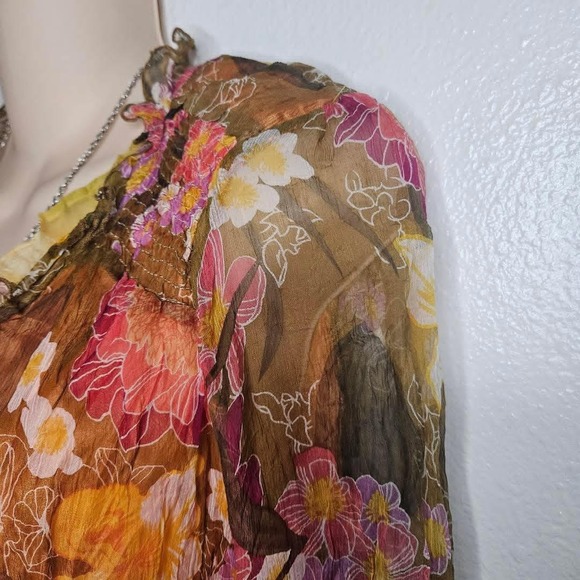 Méchant Silk Floral Chiffon Blouse Sheer Boho Layered Mesh Waist Tie Top - Picture 5 of 8